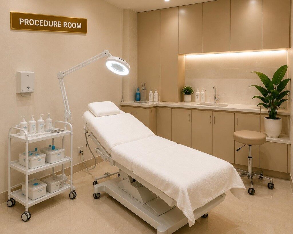 Procedure room with treatment bed and clinical equipment