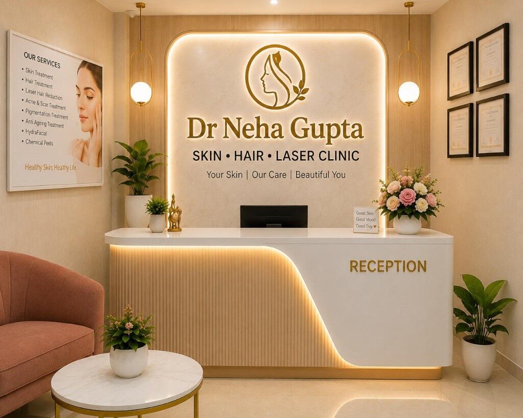 Clinic reception lobby with Dr. Neha Gupta branding